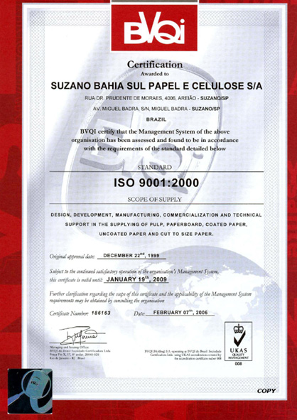Certifikát Suzano ISO