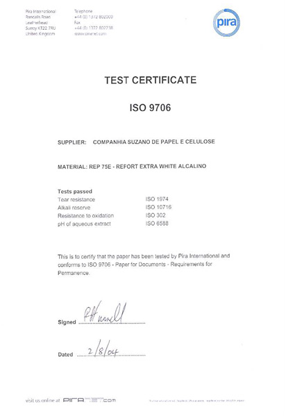Certifikát Suzano ISO 9706